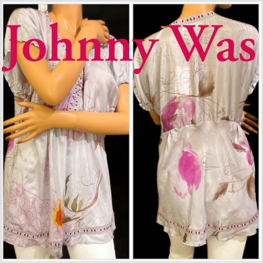 New Johnny Was Silver Watercolor floral 100% silk tunic gathered waist medium
